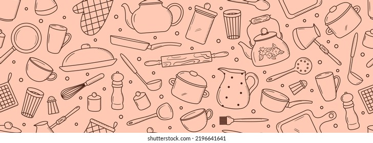 Seamless vector banner with outline kitchen tools doodles. Background with hand drawn silhouettes of vintage kitchenware. Tableware items pattern