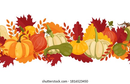 Seamless vector banner and pattern with autumn pumpkins and leaves. 