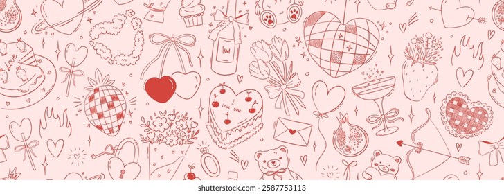 Seamless vector banner with romantic doodle drawings in line art style. Coquette background for valentine's day, wedding, dating event. Cute banner texture with outline whimsical illustrations