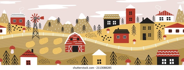 Seamless vector banner with rural panoramic scene. Countryside village with farm, meadow, houses, mountains, windmill. Abstract background with scandinavian landscape