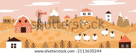 Seamless vector banner with rural panoramic scene. Countryside village with farm, meadow, sheep herd, houses, mountains, windmill. Abstract background with scandinavian landscape