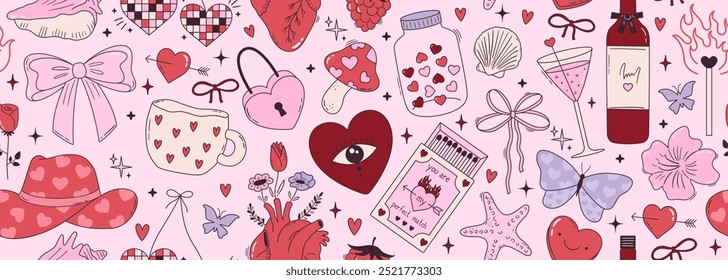 Seamless vector banner with y2k pink girly stickers. Cute cowboy hat, bow, heart, matches, shell, cup on wide background. Trendy coquette pattern in 2000s aesthetic