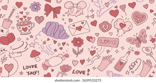Seamless vector banner with y2k pink girly stickers. Cute cowboy hat, bow, heart, matches, shell, cup on wide background. 