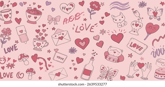 Seamless vector banner with y2k pink girly stickers. Cute cowboy hat, bow, heart, matches, shell, cup on wide background. 