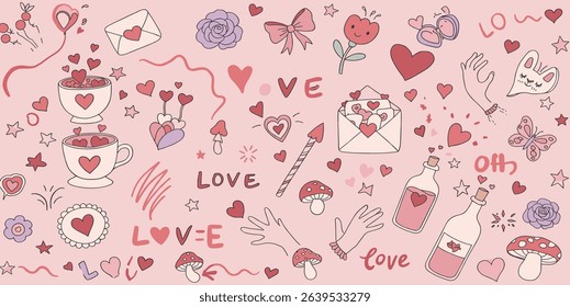 Seamless vector banner with y2k pink girly stickers. Cute cowboy hat, bow, heart, matches, shell, cup on wide background. 