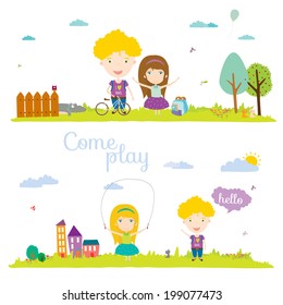 Seamless  vector banners in a cute and cartoon style with place for text. Bright background with funny animals and children. Spring and summer season. Outdoor, beach, sea, garden, sky, grass, tree.