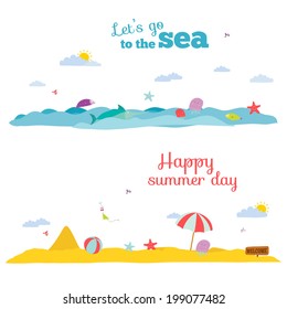 Seamless  vector banners in a cute and cartoon style with place for text. Bright background with funny animals and children. Spring and summer season. Outdoor, beach, sea, garden, sky, grass, tree.