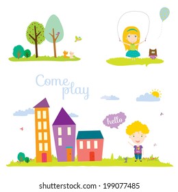 Seamless  vector banners in a cute and cartoon style with place for text. Bright background with funny animals and children. Spring and summer season. Outdoor, beach, sea, garden, sky, grass, tree.
