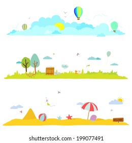 Seamless  vector banners in a cute and cartoon style with place for text. Bright background with funny animals and children. Spring and summer season. Outdoor, beach, sea, garden, sky, grass, tree.