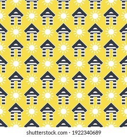 Seamless vector beach huts pattern.  Nautical design with trendy geometric sun. Black and white shapes on a summer yellow background. Perfect for fashion, textile design, home decor, and cute fabric.