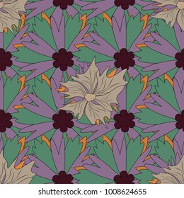 Seamless vector beautiful bright flowers for, postcard, flyer or wedding invitation, wallpaper, wrapping paper, background. Sketch in violet, green and brown colors.