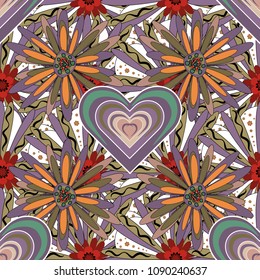 Seamless vector beautiful bright flowers for, postcard, flyer or wedding invitation, wallpaper, wrapping paper, background. Sketch in orange, blue and neutral colors.