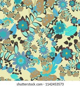 Seamless vector beautiful bright flowers for, postcard, flyer or wedding invitation, wallpaper, wrapping paper, background. Sketch in blue, brown and beige colors.