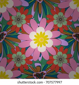 Seamless vector beautiful bright flowers for, postcard, flyer or wedding invitation, wallpaper, wrapping paper, background. Sketch in green, brown and purple colors.