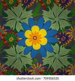 Seamless vector beautiful bright flowers for, postcard, flyer or wedding invitation, wallpaper, wrapping paper, background. Sketch in blue, brown and green colors.