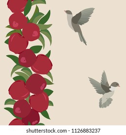 Seamless vector beautiful illustration with apples and birds on a beige background. For decorating textiles, packaging and wallpaper.