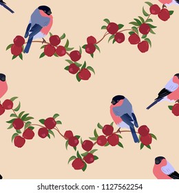 Seamless vector beautiful illustration with apples and bullfinches . For decorating textiles, packaging and wallpaper.