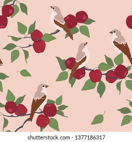 Seamless vector beautiful illustration with apples and birds . For decorating textiles, packaging and wallpaper.