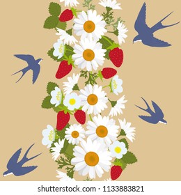 Seamless vector beautiful illustration with daisies, strawberries and swallows on a beige background. For decoration of textiles, packaging and web design.