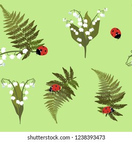 Seamless vector beautiful illustration with lilies of the valley, fern and ladybugs. for decoration of textiles, packaging, web design.