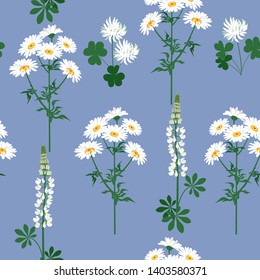 Seamless vector beautiful illustration with wildflowers on a blue background. For decoration of textiles, packaging, web design.