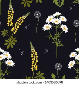 Seamless vector beautiful illustration with wildflowers on a black background. For decoration of textiles, packaging, web design.