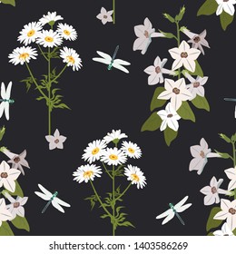 Seamless vector beautiful illustration with wildflowers and dragonfly on a black background. For decoration of textiles, packaging, web design.