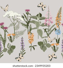 Seamless vector beautiful illustration with wildflowers on a gray background. For decoration of textiles, packaging, web design.