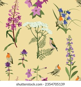 Seamless vector beautiful illustration with wildflowers and birds on a beige background. For decoration of textiles, packaging, web design.