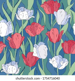 Seamless vector beautiful pattern red and white tulips with leaves.  Nice floral background