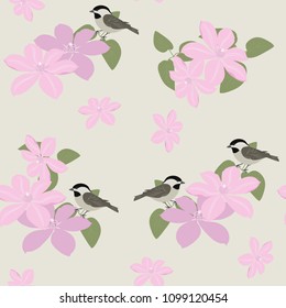 Seamless vector beautiful summer illustration with clematis flowers and birds. For decorating textiles, packaging and wallpaper.