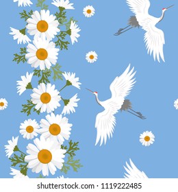 Seamless vector beautiful, summer illustration with daisies and birds cranes on a blue background. For decorating textiles, packaging and wallpaper.