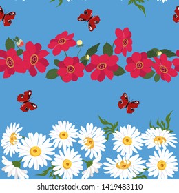 Seamless vector beautiful, summer illustration with chamomile, dahlias and butterflies on a blue background. For decorating textiles, packaging and wallpaper.