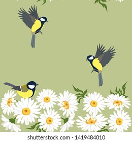 Seamless vector beautiful, summer illustration with chamomile and titmouse on a green background. For decorating textiles, packaging and wallpaper.
