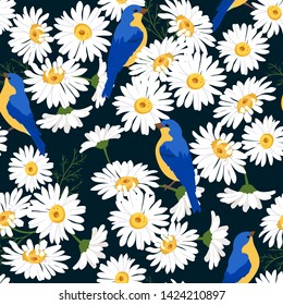 Seamless vector beautiful, summer illustration with chamomile and birds on a black background. For decorating textiles, packaging and wallpaper.
