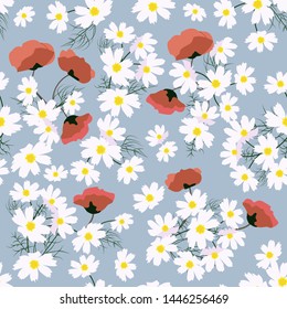 Seamless vector beautiful, summer illustration with chamomile and poppy on a grey background. For decorating textiles, packaging and wallpaper.