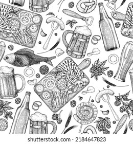 Seamless vector beer pattern in engraving style. Graphic linear cups and glasses of beer, hops, spikelets, pretzel, sausages, garlic, snack board, fish, sausages, chips, bottle