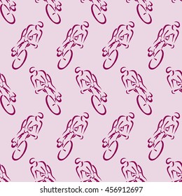 Seamless vector bicycle pattern on pink background. Hand drawn elements.
