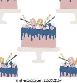 Seamless vector birthday cake pattern. Food repeat background for fabric, textile, wrapping, cover etc.