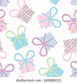 Seamless vector birthday party, baby shower pattern with pastel colorful gifts, presents on white background. 