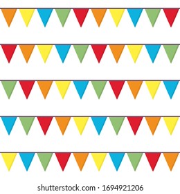 Seamless vector birthday party, baby shower pattern with colorful garland on white background. Gift wrapping paper, interior, cloth, fabric or web design.