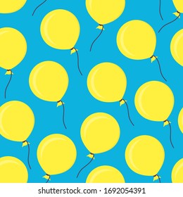 Patrón de fiesta de cumpleaños vectorial impecable con globos amarillos brillantes sobre fondo azul. Papel de regalo, interior, tela, tela o diseño web.