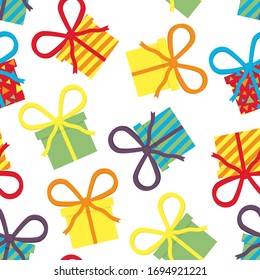 Seamless vector birthday party pattern with colorful gifts, presents on white background. Gift wrapping paper, interior, cloth, fabric or web design.
