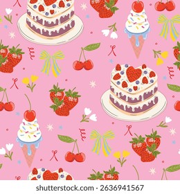 Seamless vector birthday pattern with cakes, strawberries, cherries, flowers, bows, and ice cream. Pink cute girly background.
