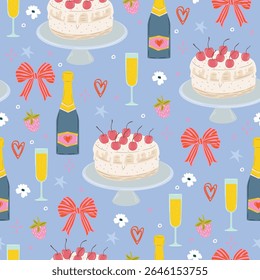 Padrão de aniversário de vetor sem costura com champanhe, bolo, arcos, confete, morangos e corações. Fundo feminino festivo bonito.