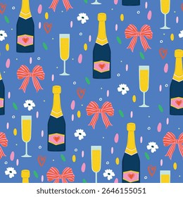 Padrão de aniversário de vetor sem costura com champanhe, bolo, arcos, confete, morangos e corações. Fundo feminino festivo bonito.