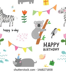 Seamless vector birthday pattern with cute jungle animals