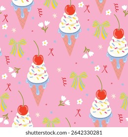 Seamless vector birthday pattern with ice cream, flowers, bows, and tulips. Pink cute girly background.