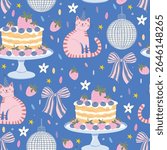 Seamless vector birthday pattern with pink cats, disco balls, cake, bows, flowers, strawberries, and confetti. Cute playful background.