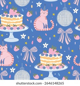 Seamless vector birthday pattern with pink cats, disco balls, cake, bows, flowers, strawberries, and confetti. Cute playful background.